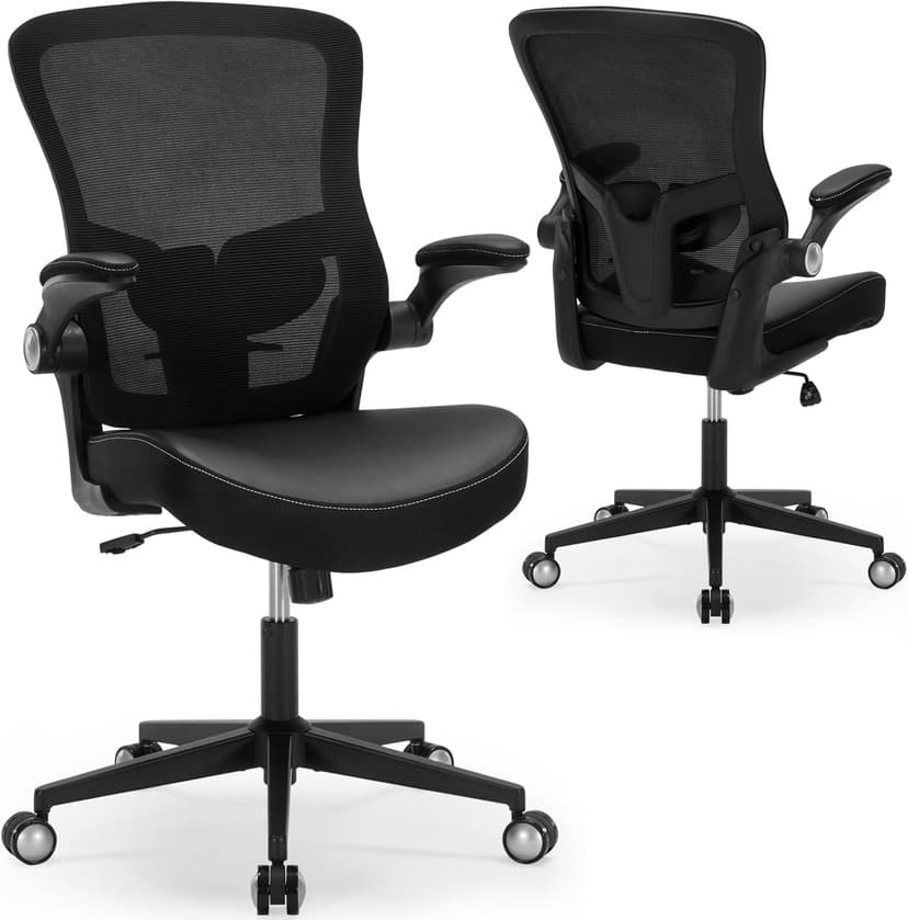Ergonomic PU Leather Office Chair, 400lbs Weight Capacity, Breathable Mesh Back, Adjustable Height & Flip-Up Arms, Heavy Duty Computer Desk Chair for Home & Office, Black