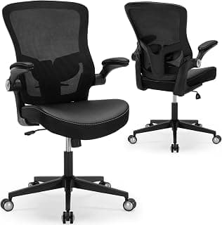 Ergonomic PU Leather Office Chair, 400lbs Weight Capacity, Breathable Mesh Back, Adjustable Height & Flip-Up Arms, Heavy Duty Computer Desk Chair for Home & Office, Black