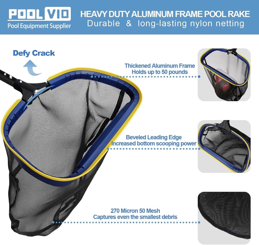 Poolvio 5-in-1 Pool Cleaning Kit - Includes Semi-Deep Skimmer Net, Aluminum Leaf Rake, 20' Pool Brush with 13ft Adjustable Pole