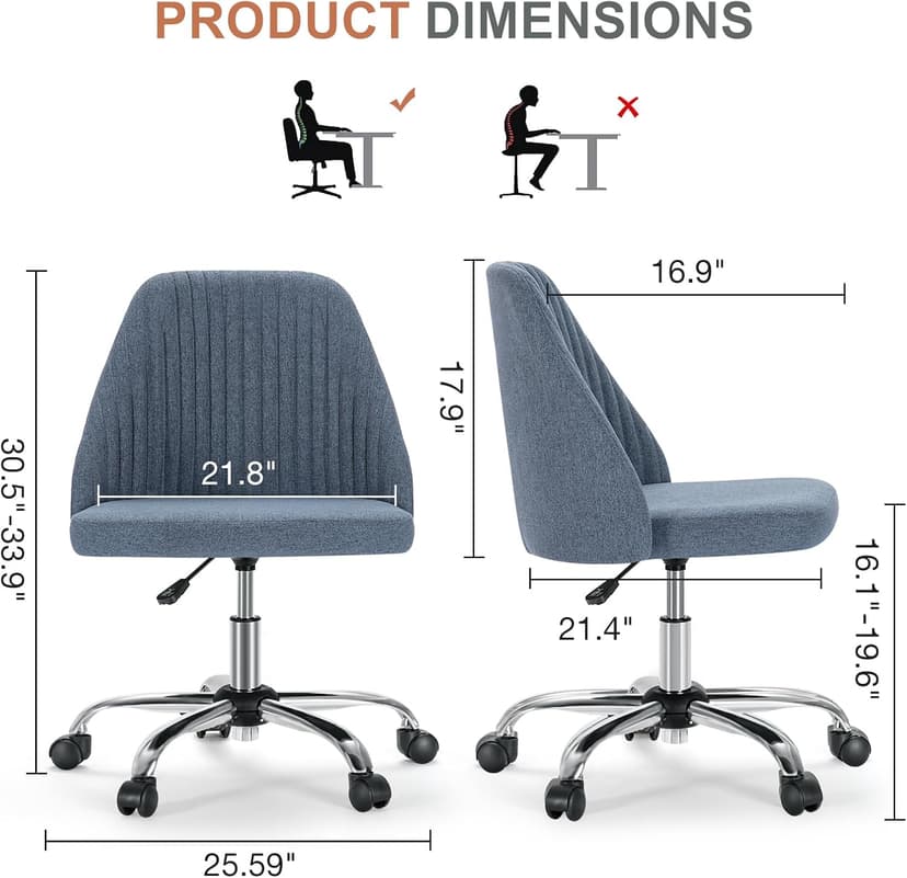 DUMOS Office Chair, Comfy Desk Chair Rolling Vanity Swivel Task Chairs with Wheels, Wide Seating Armless Height Adjustable Computer Chairs for Home,Bedroom,Student,Adults, Blue