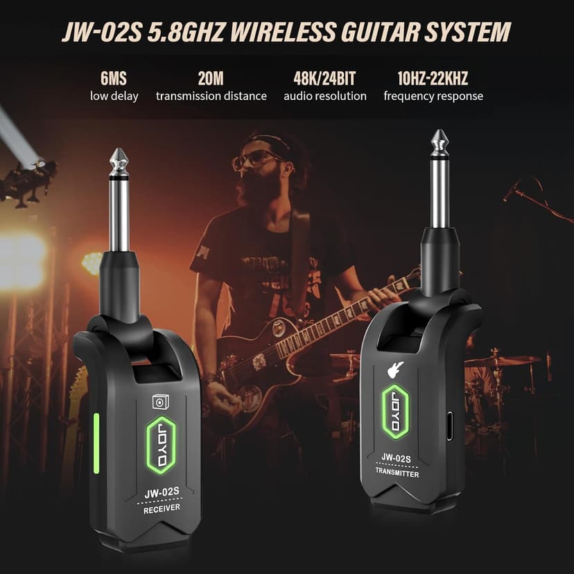JOYO 5.8GHz Wireless Guitar System Wireless Guitar Transmitter Receiver Rechargeable Audio with 4 Signal Channels for Electric Guitar Bass 20M (JW-02S)