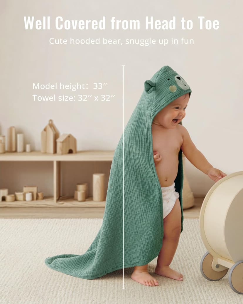 Blissful Diary Muslin Baby Hooded Towel 2 Pack, Soft & Absorbent Bath Towel for Infant, Toddler, Unisex, Baby Gift, Newborn Essentials, Bear & Lamb B0FQ9ZT37D