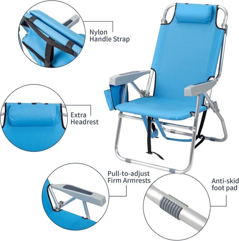 Outvita Backpack Beach Chair, 5 Level Adjustable Positions Beach Chair with Back Storage Bag, Cooler Pouch and Side Bags for Beach Poolside Lawn