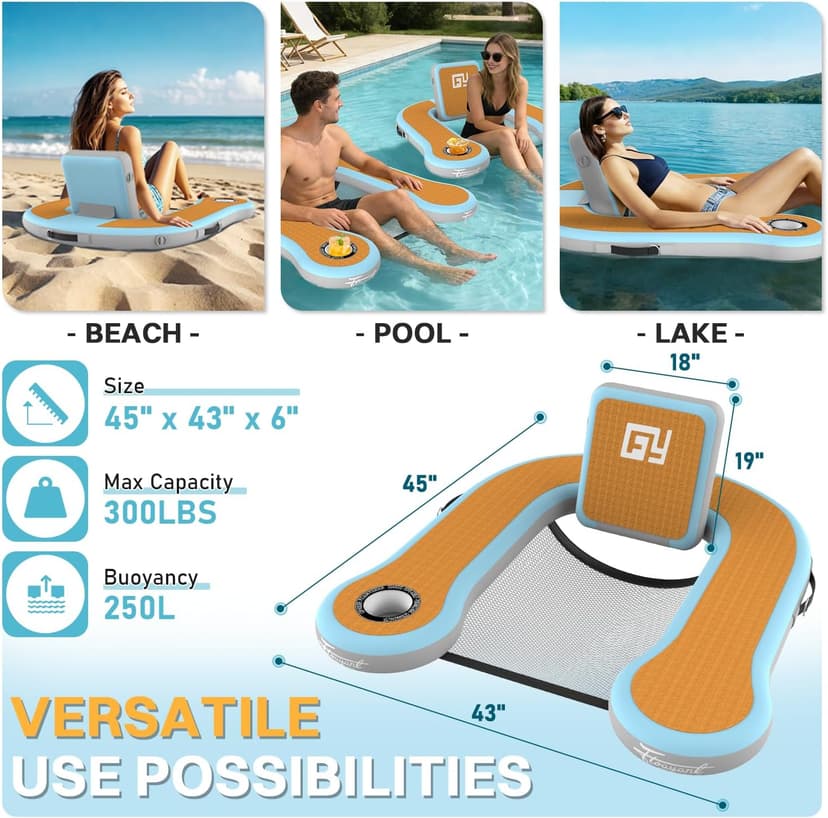 Adults Inflatable Pool Float Chair, Floating Lounger with Cup Holder, 100° Fixed Backrest, Breathable & Sinking Mesh Seat, Inflatable Lounger Float for Swimming Pool/Beach/Lake/Party