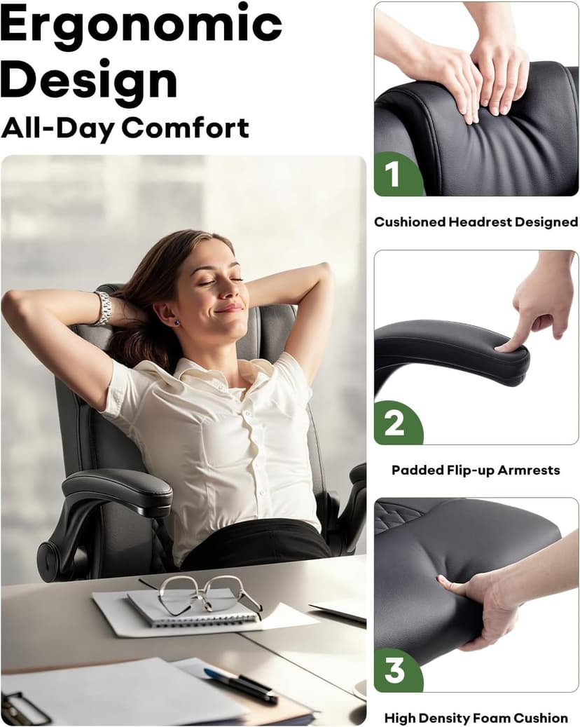 Executive Office Chair, Ergonomic Home Office Desk Chair with Lumbar Support & Flip-up Armrest, PU Leather Computer Seating for Shorter Users, Black