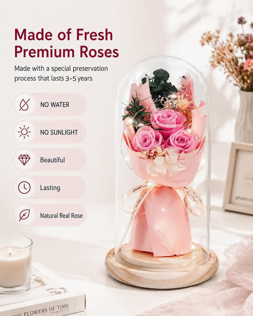 HVY Preserved Flowers Gifts for Her,Preserved Rose Bouquet in Glass Dome,Forever Flowers Fresh Bouquet Present for Women Mothers Day Birthday Gifts for Mom Wife Grandma,Pink Real Rose B0CQKXRQWD