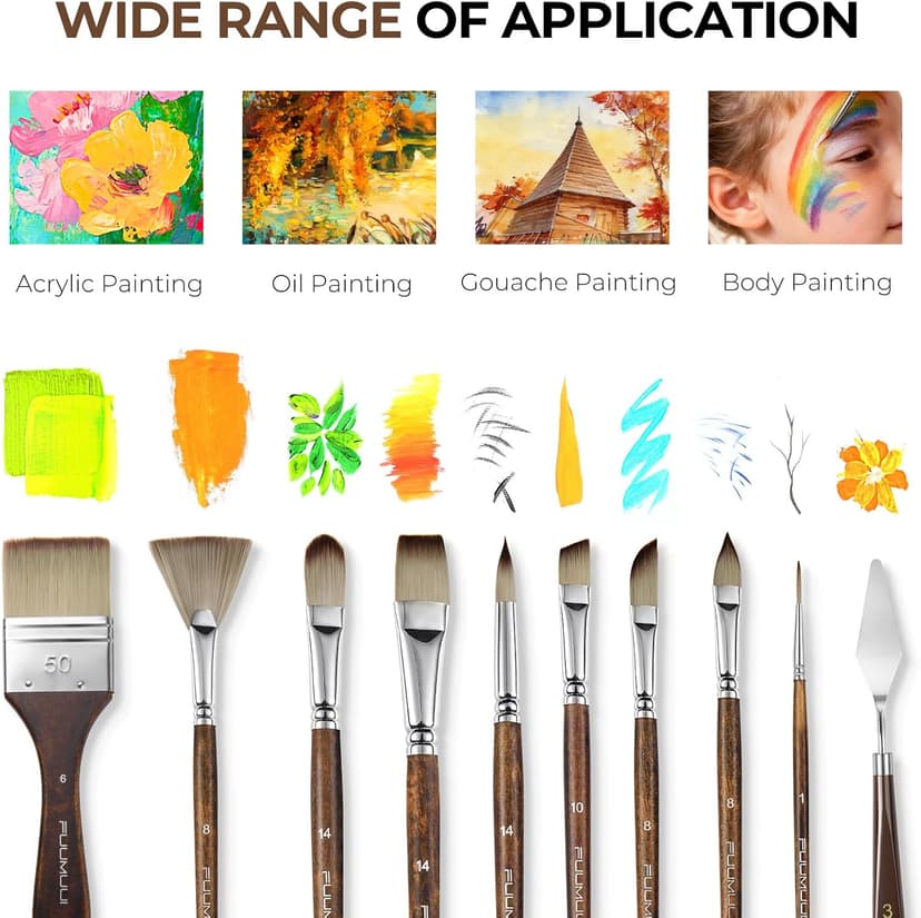 Fuumuui 25pcs Paint Brush Set, Professional 9 Shapes with Wide Flat, Filbert, Fan, Dagger, Cat Tongue, Round, Angle, Rigger for Acrylic Oil Watercolor | Includes Palette Knife & Waterproof Canvas Roll B0CCHK9L7G