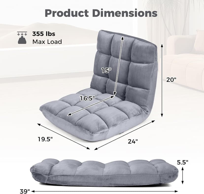 COSTWAY Floor Chair, Video Gaming Chairs with Back Support, Adjustable 14-Position, Alloy Steel Frame, Lazy Sofa Lounge Recliner for Adults Kids (Silver Grey)
