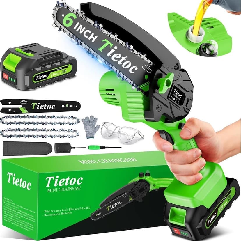 Tietoc Chainsaw 6 Inch Mini Electric Chainsaw Cordless Battery Powered, Hand Held Saw for Wood/Trees Trimming, Tools for Household and Garden, Chain Saw Gift for Men Dad Husband Fathers Gardener 2026 B0C1Z9V6N1