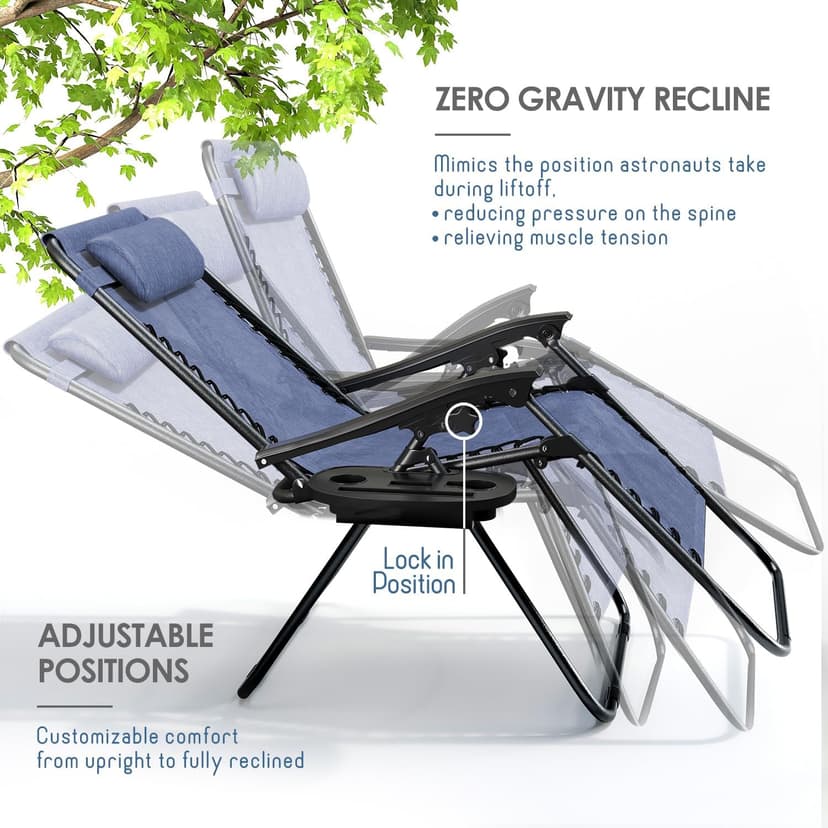 Nestl Zero Gravity Chairs, Portable Patio Lounge Chair Outdoor with Pillows & Cup Holder Trays, Adjustable Steel Mesh Reclining Camping Chair, Folding Patio Lawn Chair for Deck, Beach, Yard - Blue