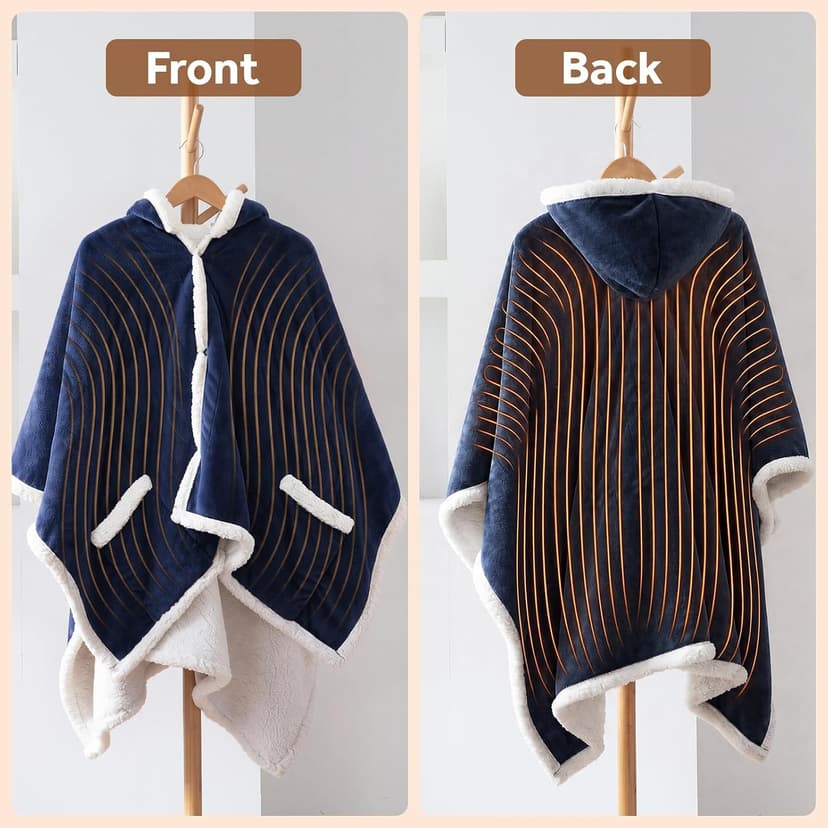 Electric Shawl Wrap with Pockets, Wearable Heated Poncho Hoodie with 6 Heating Levels & 2-10 Hours Auto Shut Off, Home Office Westinghouse Wearable Heated Throw Blanket Flannel Sherpa 50x60 Inch Navy B0CSS5PQ42