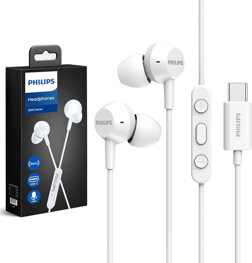 PHILIPS Wired Earbuds USB C with Microphone, in Ear Type C Headphones with mic, Powerful Bass, Lightweight, USB-C Wired Earphones, 3-Button in-line Remote Ear Buds (Black-Gray) (White)