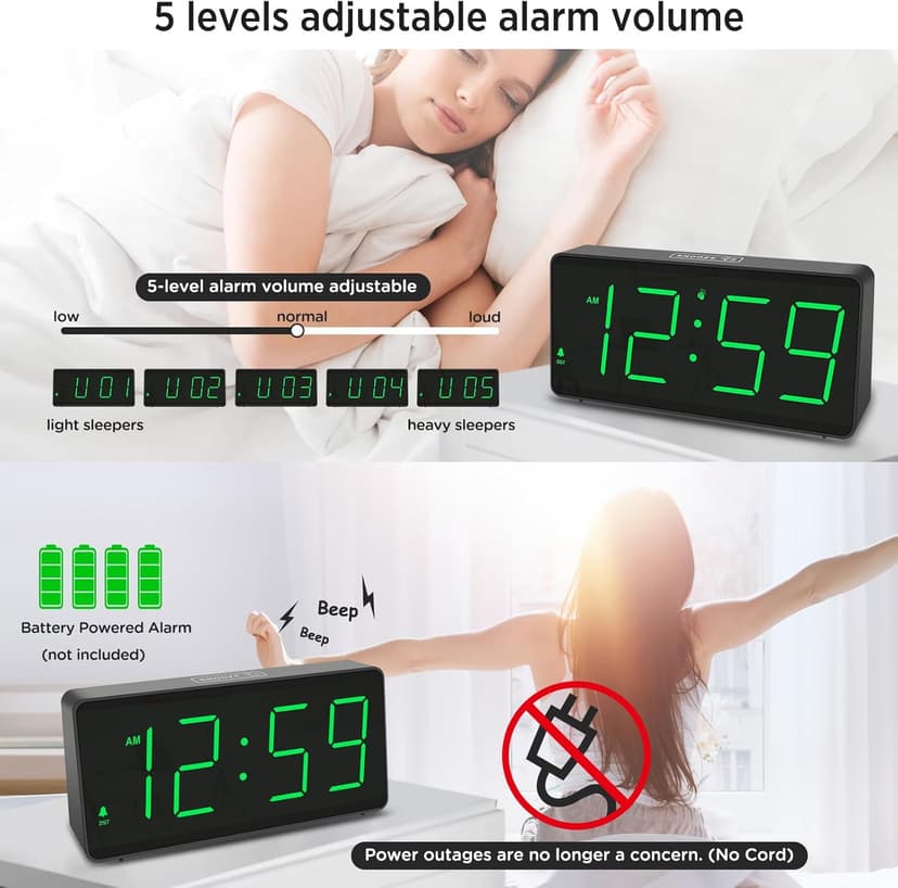 Peakeep Battery Operated Digital Alarm Clock for Bedrooms - Cordless Large Big Numbers 4 Dimmers, Auto Dimming for Seniors, Adjustable Volume Loud Alarm Clock for Heavy Sleepers Adults (Green Digits)
