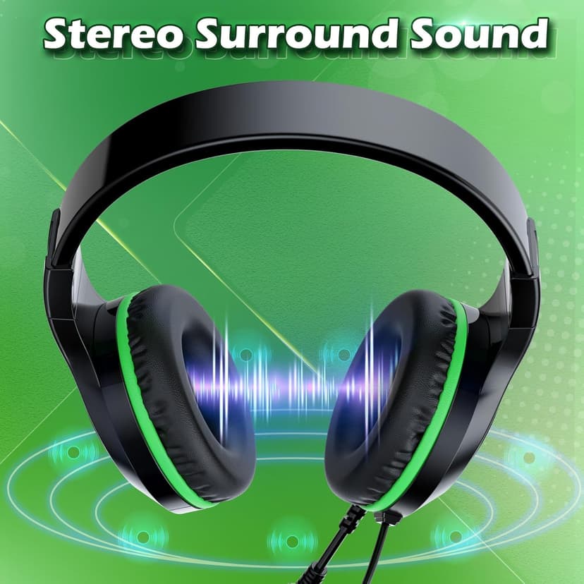 H-10 Gaming Headset for PS4, Xbox One, PC, PS5, Nintendo Switch, Stereo Wired Noise Cancelling Over Ear Headphones with Mic for Kids Adults, Bass Surround, Soft Memory Earmuffs, Green