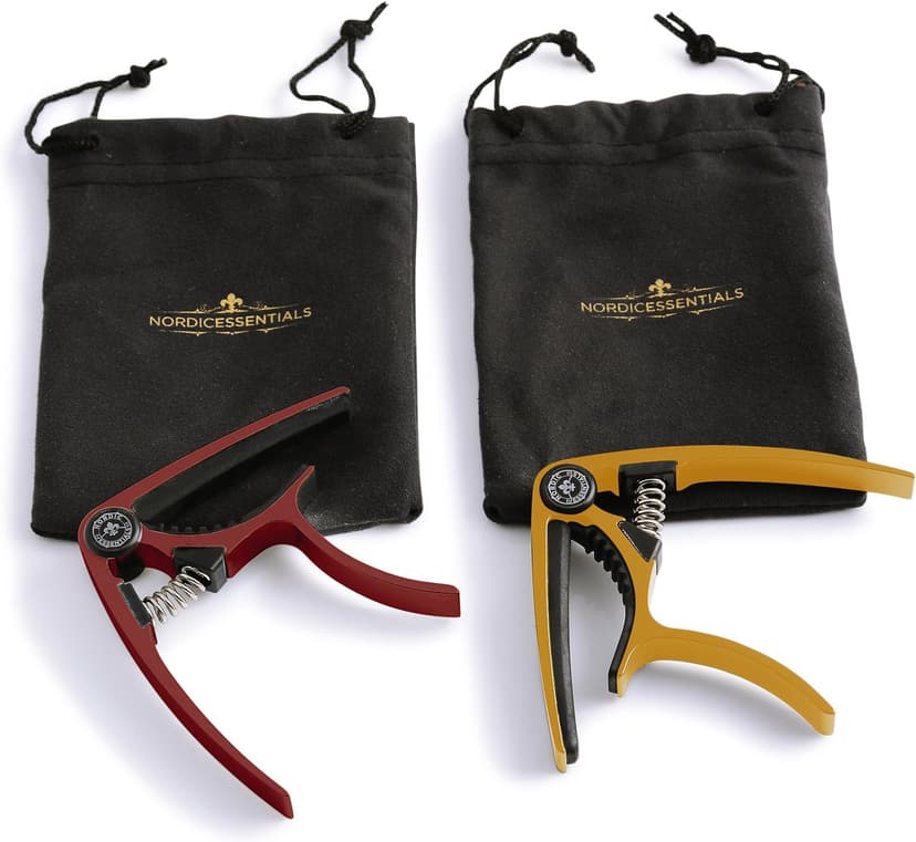 Guitar Capo (2 Pack) for Acoustic Guitars, Ukulele, Banjo, Mandolin, Bass - Made of Ultra Lightweight Aluminum Metal (1.2 oz!) for 6 & 12 String Instruments - Nordic Essentials (Red + Gold)