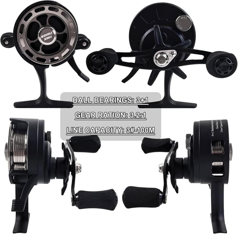FREE FISHER Ice Fishing Reels 3.2:1 Gear Ratio Ultra Smooth 3+1Ball Bearings Strength CNC-machined Aluminum Inline Ice Fishing Reel with Left/Right Hand Retrieve
