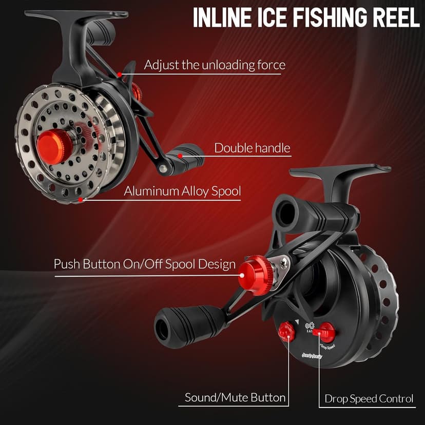 QualyQualy Ice Fishing Rod Reel Combo Complete Set Ice Fishing Gear with Backpack Seat Ice Cleats Ice Fishing Jigs Line Full Ice Fishing Kit 24" 26"