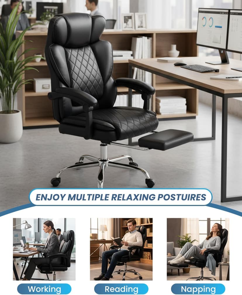 500LBS Massage Office Chair with Foot Rest, 6 Points Vibration and Heat Home Office Desk Chairs, 22.05” Wide Big and Tall Office Chair for Heavy People, Ergonomic Reclining Gaming Chairs, Black