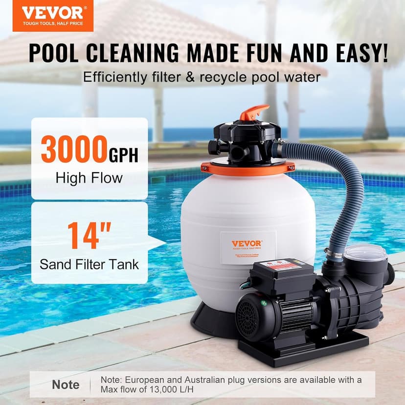 VEVOR 14-inch Sand Filter Pump for Above Ground, Digital Programmer Timer, 3000 GPH, 3/4 HP Pool Pumps System & Filters Combo Set with 6-Way Multi-Port Valve & Strainer Basket, Easy Installation