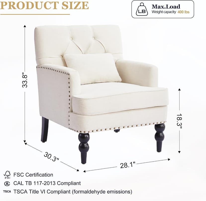 HUIMO Tufted Club Chair,Accent Chair with Lumbar Pillow, Upholstered Button Armchair, Linen Fabric Sofa Chairs for Bedroom, Living Room, Mid Century Modern with Studded Reading Chair Beige