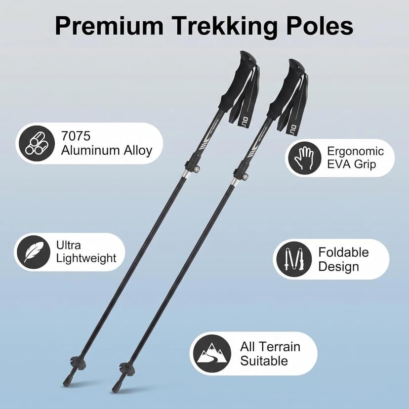 Folding Hiking Poles, Lightweight 7075 Aluminum Alloy Mountain Tech Trekking Poles for Men, Collapsible Walking Sticks for Travel, EVA Foam Grip, Set of 2 - Black