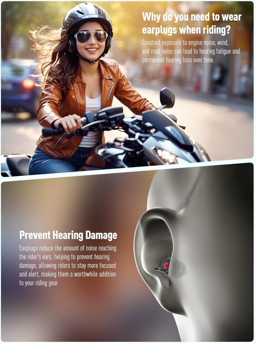 Motorcycle Ear Plugs for Wind Noise Reduction, Keep Comms Clear, Comfort Under Helmet & Prevent Hearing Damage, Noise Canceling 25 dB, Reusable Earplugs for Motorbike, Touring, Racing, Shooting