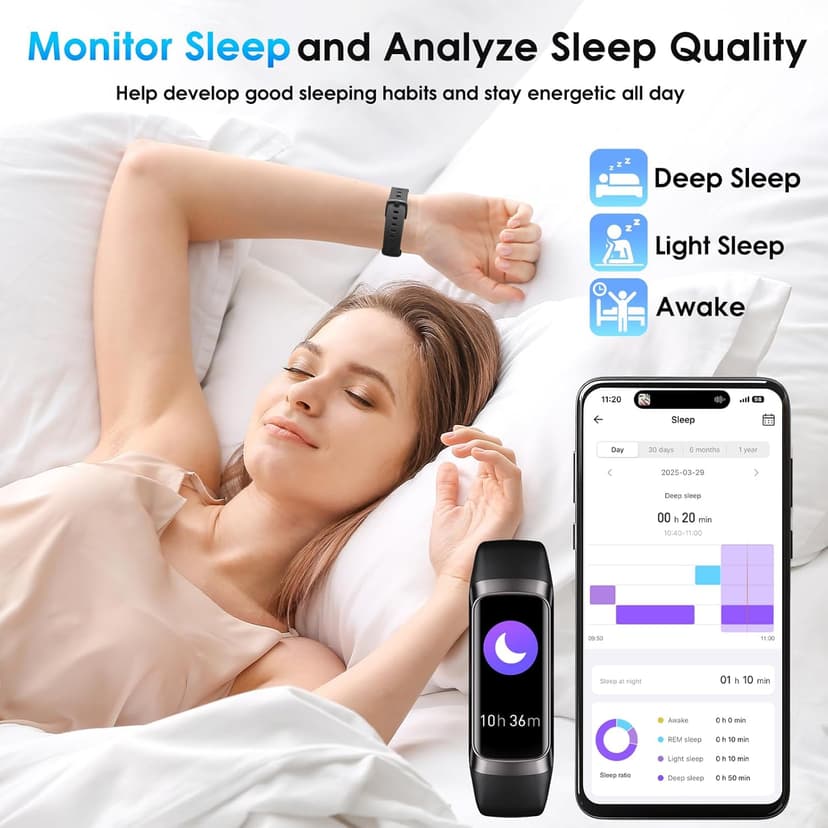 Fitness Tracker, 24/7 Heart Rate Blood Oxygen Blood Pressure Body Temp Monitor Sleep Calorie Tracker with 1.1" AMOLED Touch Color Screen Pedometer Smart Watch Waterproof for Women Men