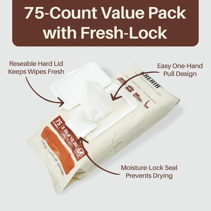 Kreair 3in1 Leather Wipes 75 XL Count, Clean, Condition & Restore Shine, Extra-Large 8"x10" Wipes for Car Seats, Shoes, Furniture & Bags, Thick, Durable & Non-Linting, Safe for All Leather Types