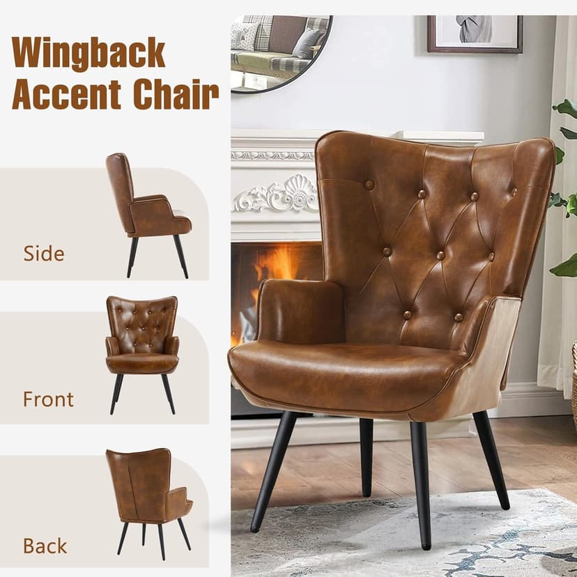 Furniliving PU Leather Accent Chair for Living Room, Upholstered Reading Chair with High Backrest, Tufted-Button Wingback Armchair for Bedroom, Dressing Room, Home Office, Brown