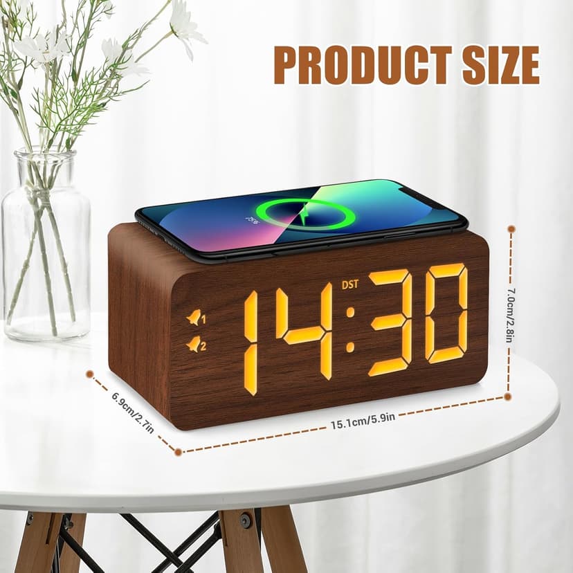 URAYCO Wood Digital Alarm Clock with 10W Fast Wireless Charger, USB Charging Ports, DST, Dimmable, Snooze, Large Number LED Display for Bedrooms, Desk, Living Room Table, Bedside, Nightstand (Brown)
