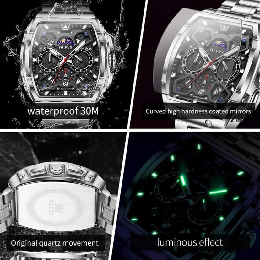 OLEVS Watches for Men Analog Quartz Luxury Diamond Waterproof Chronograph Stainless Steel Big Face Square Date Moon Phase Roman Numeral Dress Watch for Men