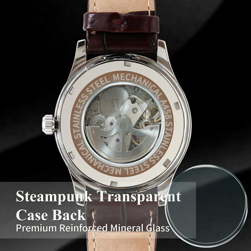 Gute Men's Watch, Mechanical Skeleton Steampunk Automatic Self-Winding Arabic Numeral Blue Hands Brown PU Leather Wrist Watch