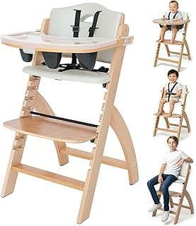 Abiie Beyond Junior Wooden High Chair for Babies and Toddlers - Convertible 3-in-1 Baby Highchair with Removable Tray - 6 Months to 250 Lb - Water Resistant - Natural Wood/Dove Grey Cushion