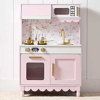 Best Choice Products Toddler Kitchen Playset, Wooden Cottage Kids Play Kitchen with 5 Accessories, Toy Storage, Scalloped Edge, and Pretend Play Microwave, Oven, Clicking Knobs - Pink