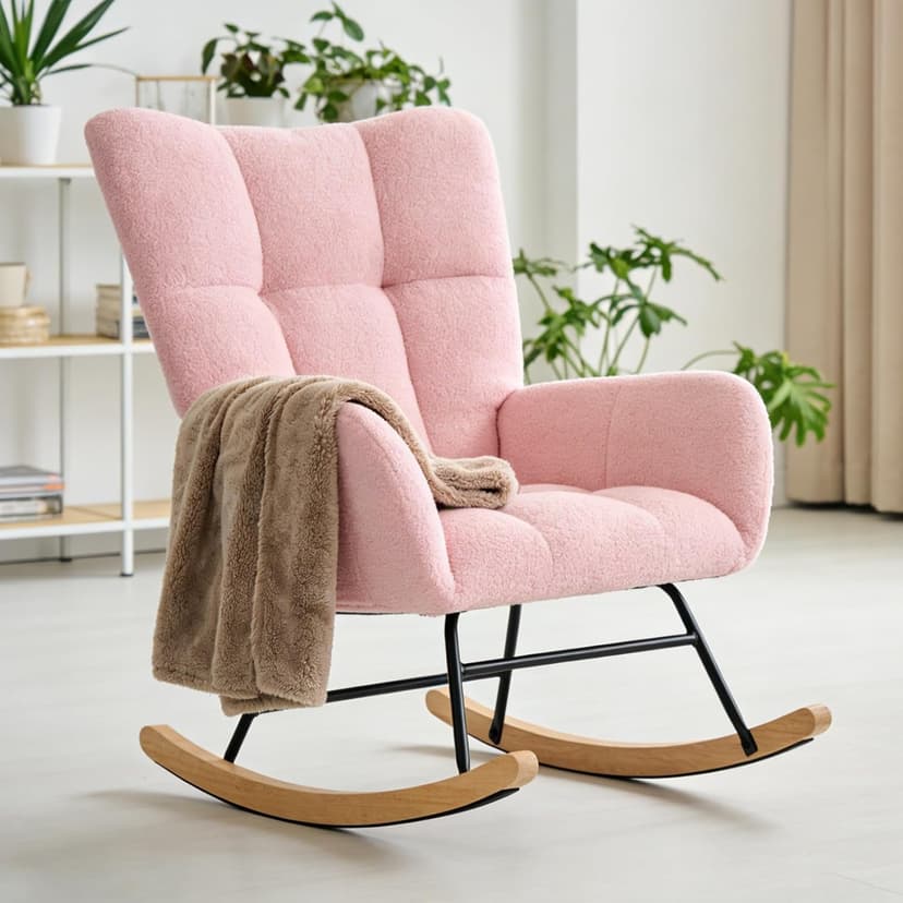 DUMOS Nursery Rocking Chair Teddy Upholstered, Comfy Glider Rocker with High Backrest Armchair Padded Seat, Accent Side Chair for Living Room Bedroom Offices Small Spaces Indoor, Pink