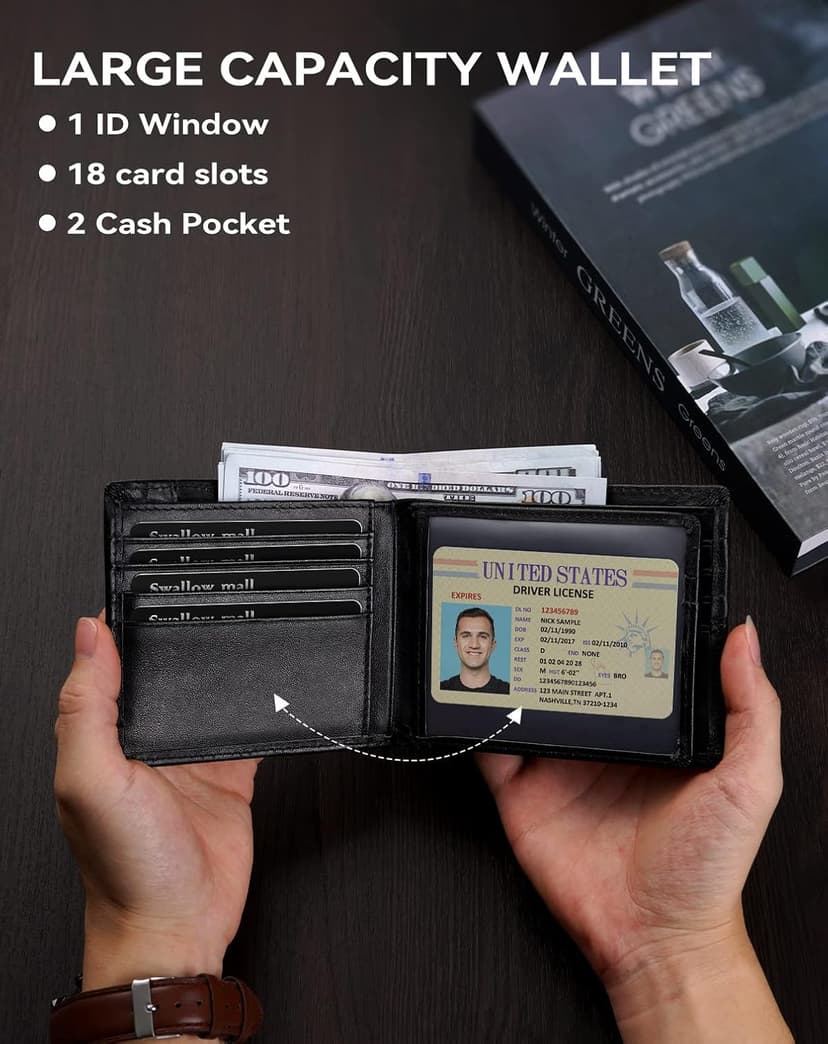 Swallowmall Mens Wallet Rfid Blocking Leather Wallet for Men Bifold Wallets with 1 ID Window 16 Card Slot
