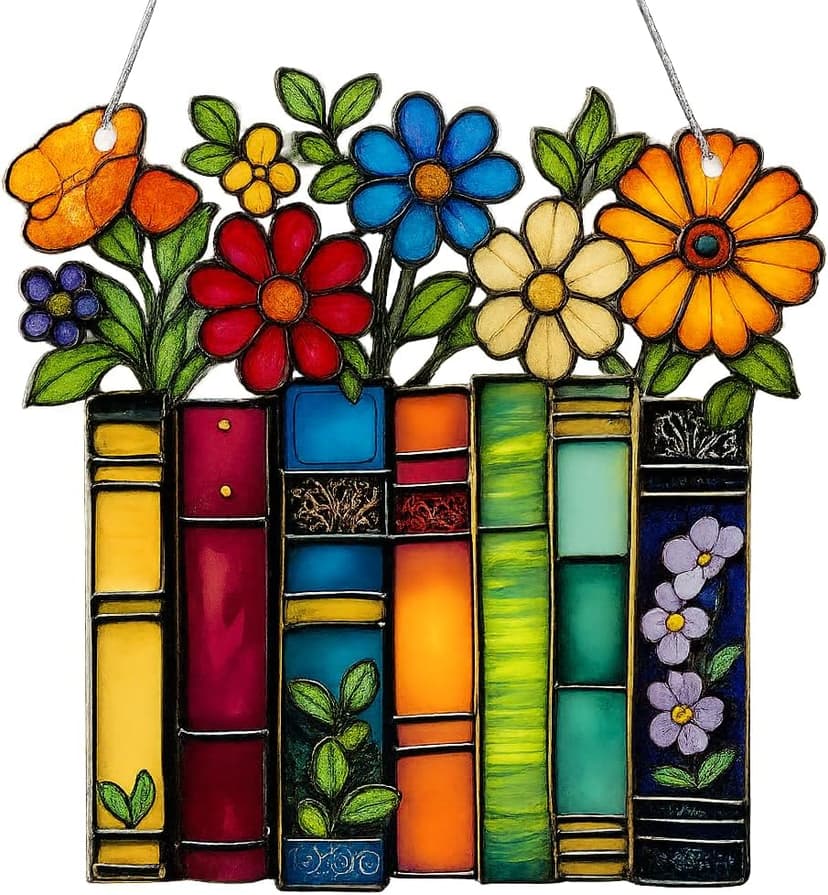 Book Lovers Gifts for Women, Book Ornament Faux Stained Glass Window Hanging, Bookish Gifts for Teacher, Librarian, Reader, Bookworm, Christmas Stocking Stuffer Tree Decorations (Floral Shelf)