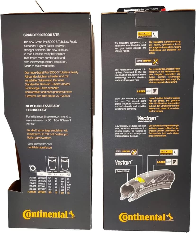 Continental Grand Prix 5000 S TR - Black/Transparent - Tubeless Road Bike Tire | Fast, Light, Durable - BlackChili, Vectran Breaker, LazerGrip, Active Comfort Technology, 2 Pack