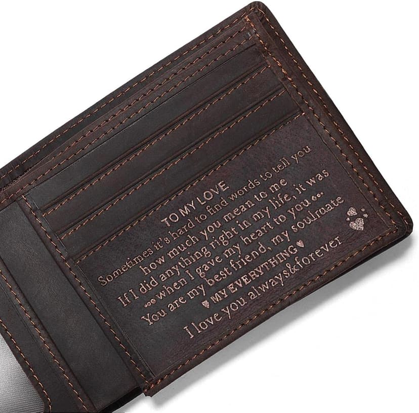 Personalized Engraved Leather Wallet for Dad Son Husband Boyfriend - Perfect for Christmas Anniversary Birthday Fathers Day Valentines Graduation Wedding - Custom Love Message Bifold Wallets for Men