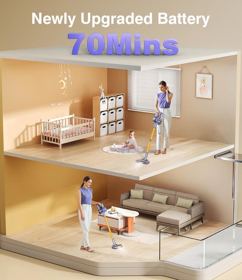 Cordless Vacuum Cleaner, 580W 50Kpa Powerful Stick Vacuum, Up to 70Mins Rechargeable Battery, Vacuum Cleaners for Home Anti-Tangled Lightweight Handheld for Hardwood Floor, Carpets, Pet Hair