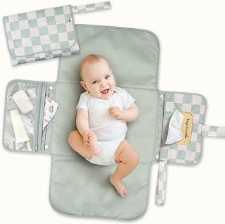 Tiny Twinkle Portable Diaper Changing Pad | Waterproof, Wipeable & Compact Baby Changing Pad for Travel | Smart Wipes Pocket & Organized Storage| Newborn Shower Gift (Sage Checkers) B0DDT2VW7T