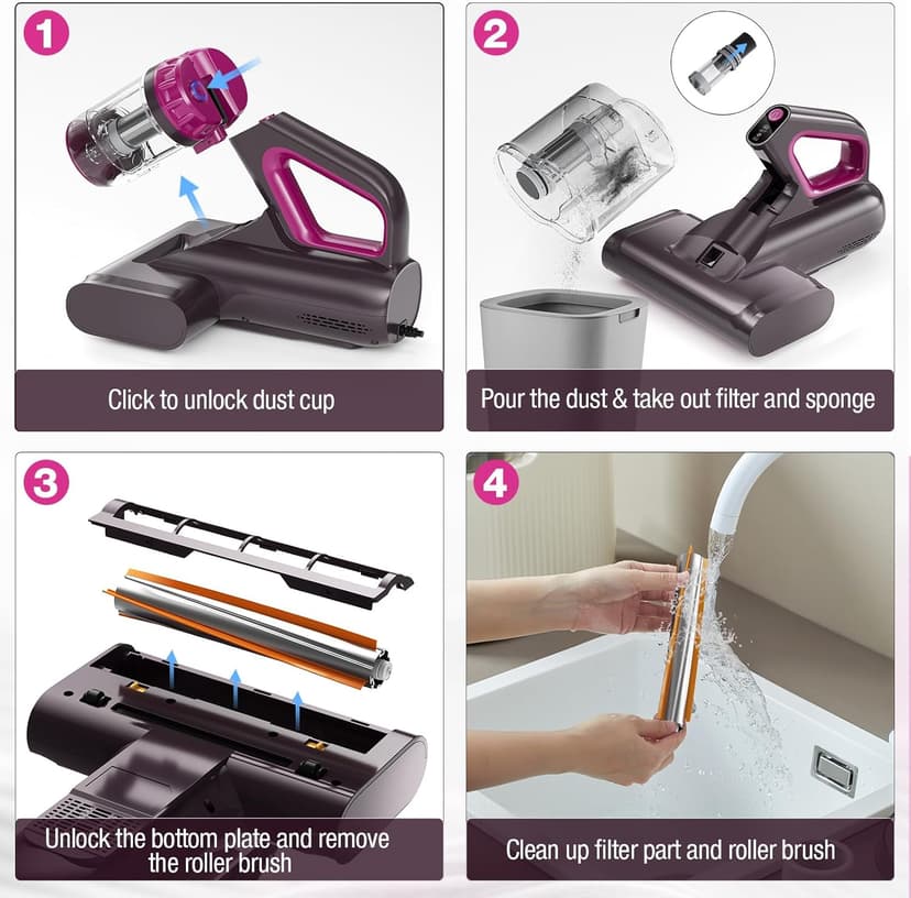 Mattress Vacuum Cleaner, 17Kpa 650W Bed Vacuum Cleaner, 273nm UV-C Light & Ultrasonic 145°F Heating, 80000 RPM/Min Brushroll Rotation, Wide Suction Port for Pillows Cribs Sofa, Black Corded