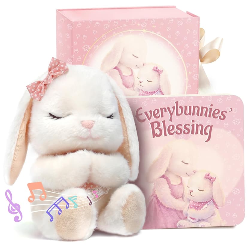 Baptism Gifts for Girl, Catholic Christening, Baby Dedication & Baptismal Gift Set for Baby Girls & Kids, with 9" Musical Praying Bunny Plush Toy & Everybunnies' Blessing Book in Keepsake Box