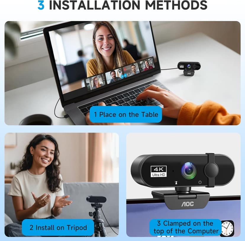 AOC 4k Webcam for PC with Microphone, Computer Camera with Noise Cancellation, Privacy Cover, 99° FOV, Plug & Play USB Webcam for Streaming, Conferencing, Zoom, Skype, Facetime, Laptop, PC, Skype