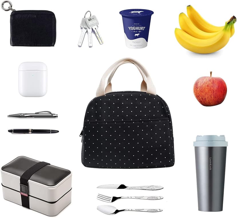 EurCross Upgraded Compact Black Lunch Bag for Girls Women,Canvas Reusable Insulated Polka Dot Lunch Tote Box Bag for Work School