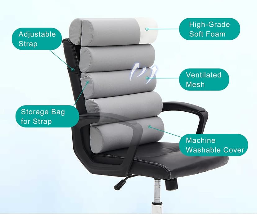 Ergonomic Lumbar Support Pillow for High Back Office Chair - Adjustable 6 Semicircular Back Cushion with Breathable Mesh Cover,Spine Support for Desk/Gaming Chairs, Neck/Upper/Lower Back Pain Relief