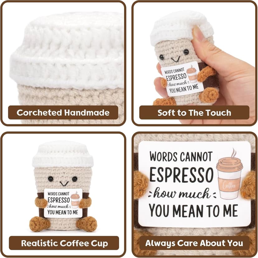 Funny Positive Coffee, Emotional Crochet Doll, Cute Crochet Potato Partner Toy with Positive Card Cheer Up Funny Gag Gifts for Best Friend Birthday Women Teacher Fall（Coffee B0DW8XPF2P