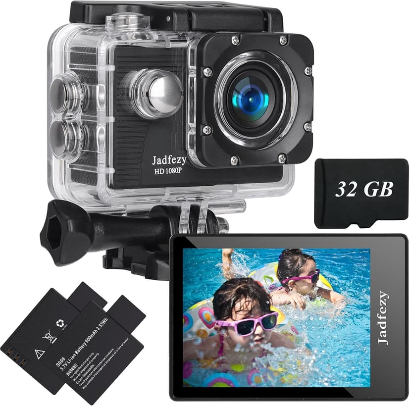 Jadfezy Action Camera FHD 1080P with 32GB Card, 98FT/30M Underwater Waterproof Camera with 2 Rechargeable Batteries, Wide Angle Sports Camera with Accessories Kit Suitable for Helmet, Bicycle, etc.