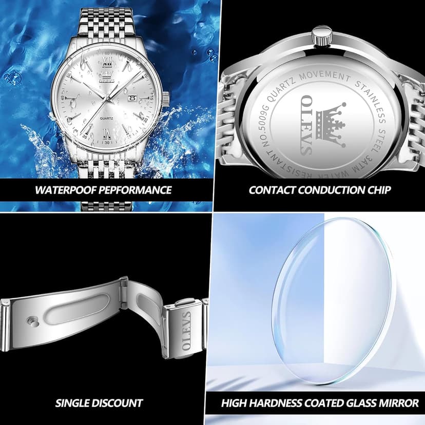 OLEVS Mens Watches Dress Waterproof Watch with Date Day Analog Quartz Casual Wrist Watch Large Number Classic Luxury Luminous Scales 41mm Big Face Easy Read Reloj para Hombre