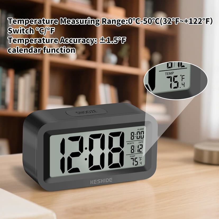 KESHIDE Travel Digital Alarm Clock, Battery Operated with Indoor Temperature, Desk Small Clock,Snooze Model,12/24H Display for Bedrooms Heavy Sleepers Kids Travel Bathroom (Black)